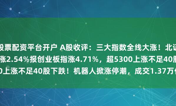 股票配资平台开户 A股收评：三大指数全线大涨！北证50暴涨超10%，沪指涨2.54%报创业板指涨4.71%，超5300上涨不足40股下跌！机器人掀涨停潮，成交1.37万亿放量3958亿